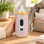 Pink bottle warmer sleeve beside a travel bag