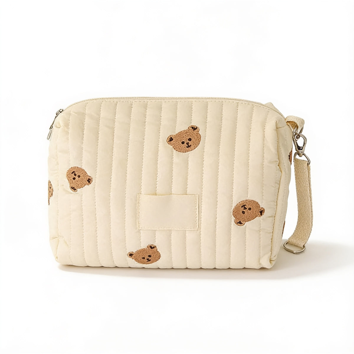 Lumiwee Posy embroidered diaper pouch: cream quilted bear diaper pouch on a white background