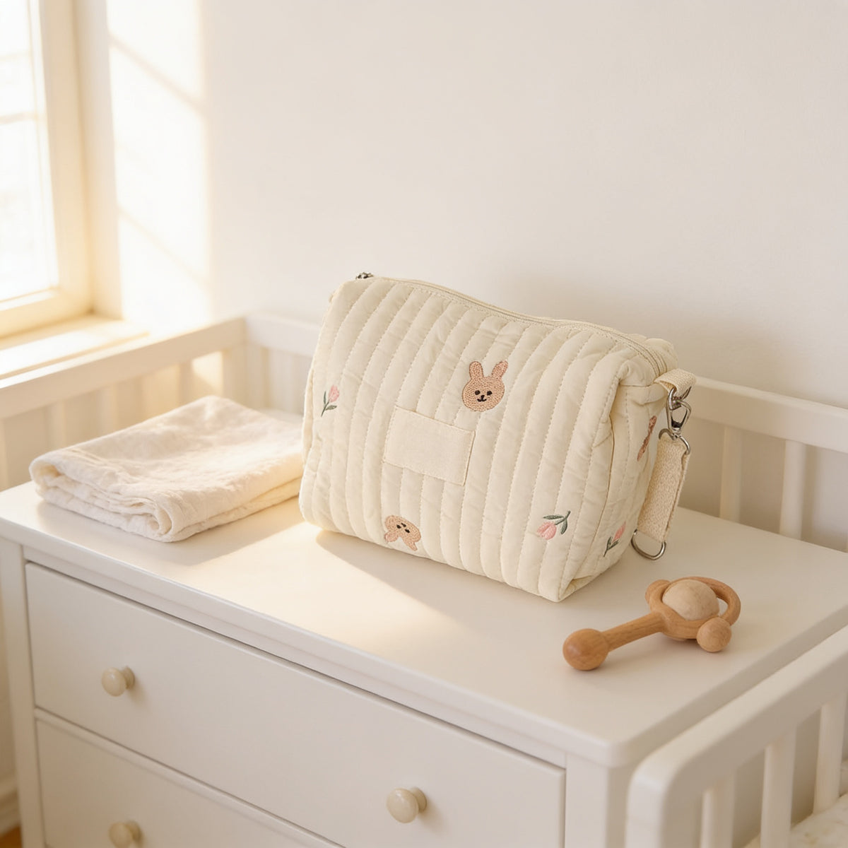 Lumiwee Posy embroidered diaper pouch, Bunny option, in a bright room