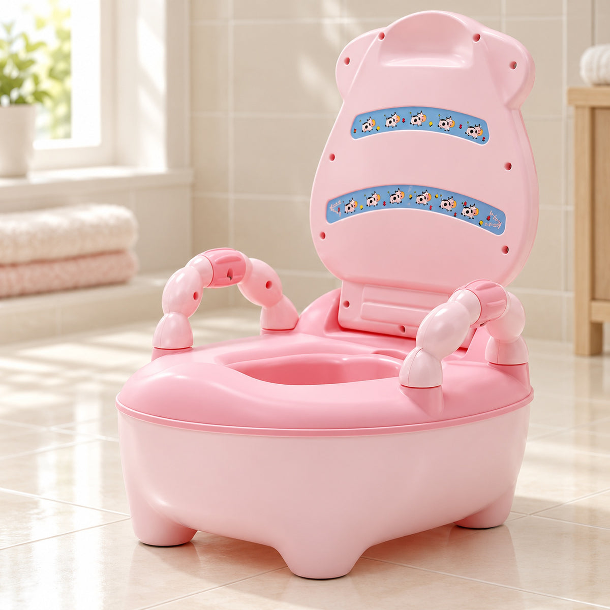 Pink potty chair with open lid in a clean neutral bathroom