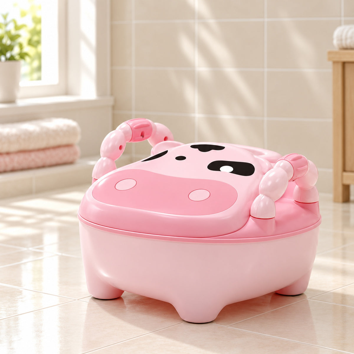 Pink potty chair with cow-face lid closed