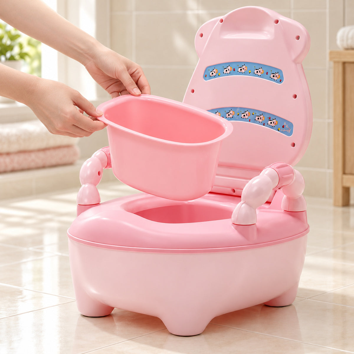 Adult lifting the clean removable bucket from the pink potty chair