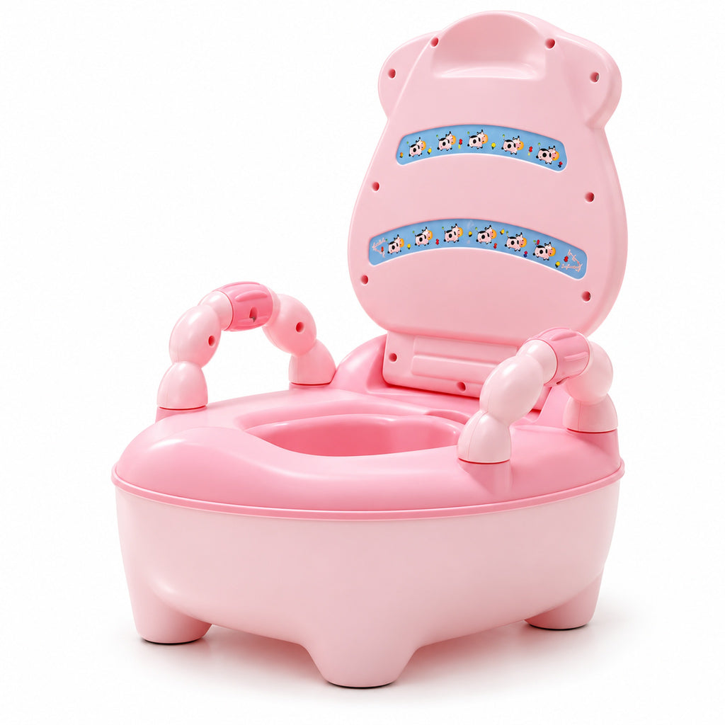 Pink potty chair with open lid alone on white
