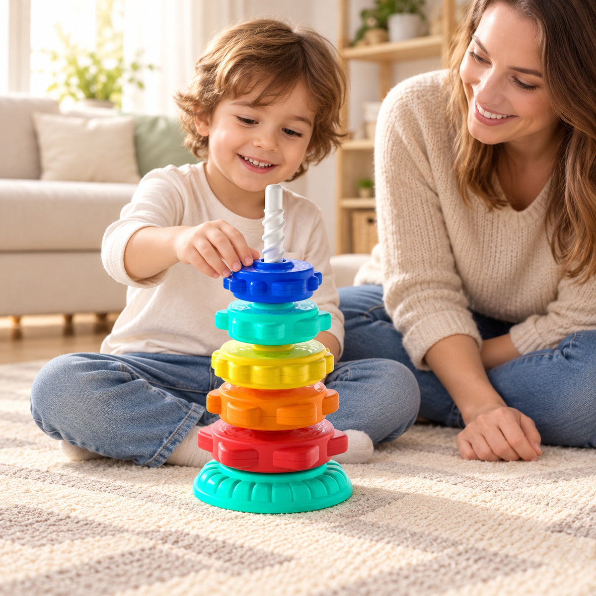 Five-disc Prism gear tower with a preschooler and parent on the floor