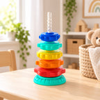 Five-disc rainbow gear tower on a play table