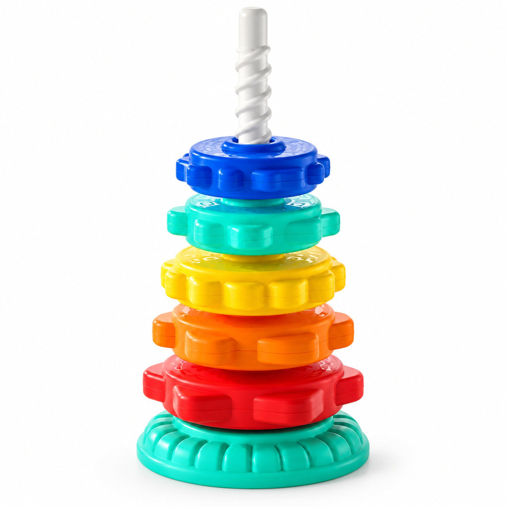 Close-up of chunky gear discs and white spiral pole
