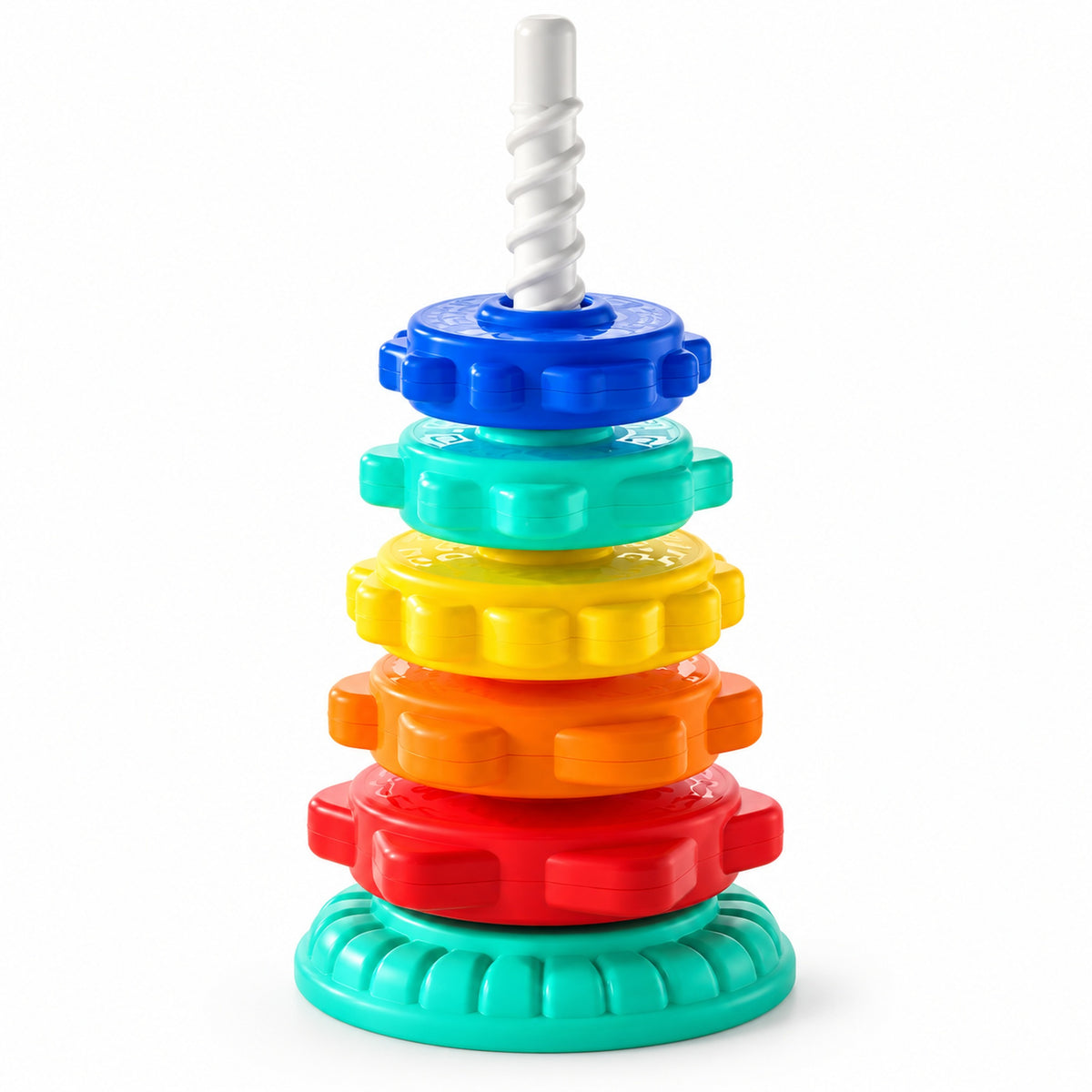 Close-up of chunky gear discs and white spiral pole
