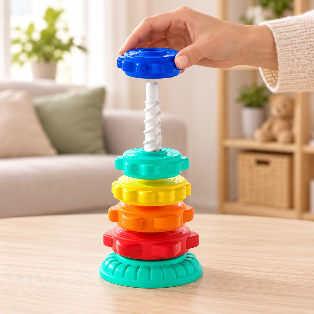 Adult holding the blue disc at the top of the spiral pole