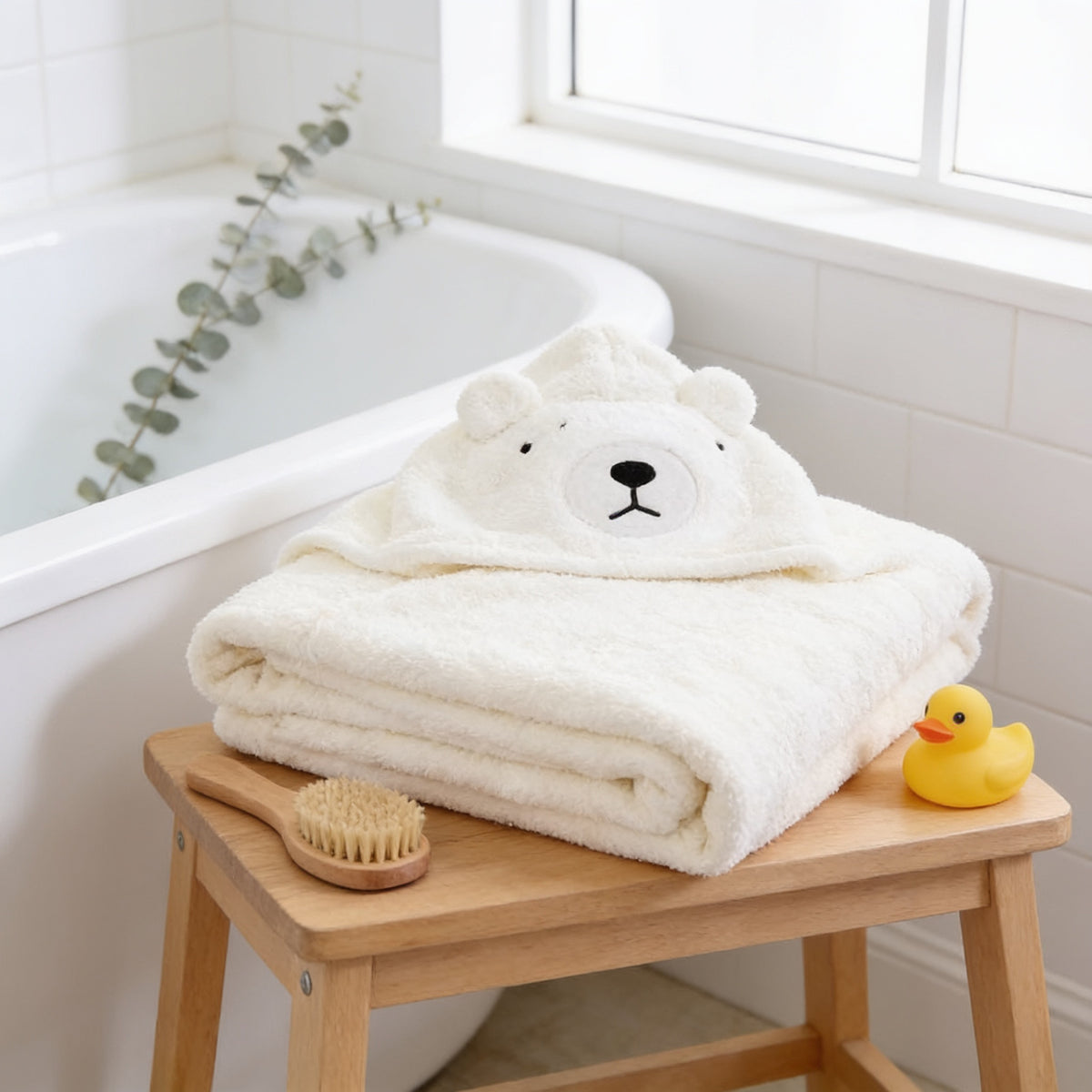 Lumiwee Puddle hooded baby bath towel: cream polar bear hooded towel folded on a bathroom stool