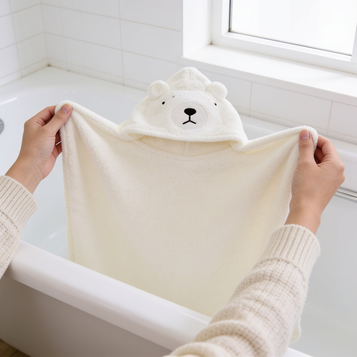 Lumiwee Puddle hooded baby bath towel: holding the towel open ready to wrap