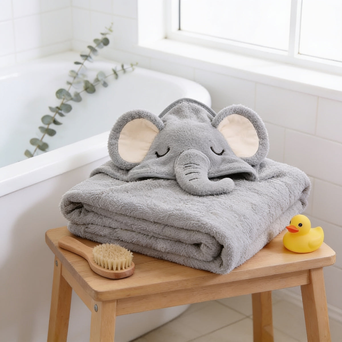 Lumiwee Puddle hooded baby bath towel, Gray Elephant option, in a bright room