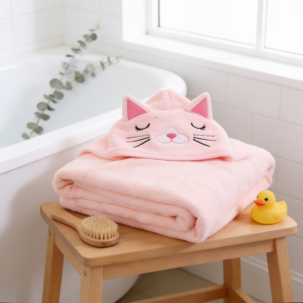 Lumiwee Puddle hooded baby bath towel, Pink Kitty option, in a bright room