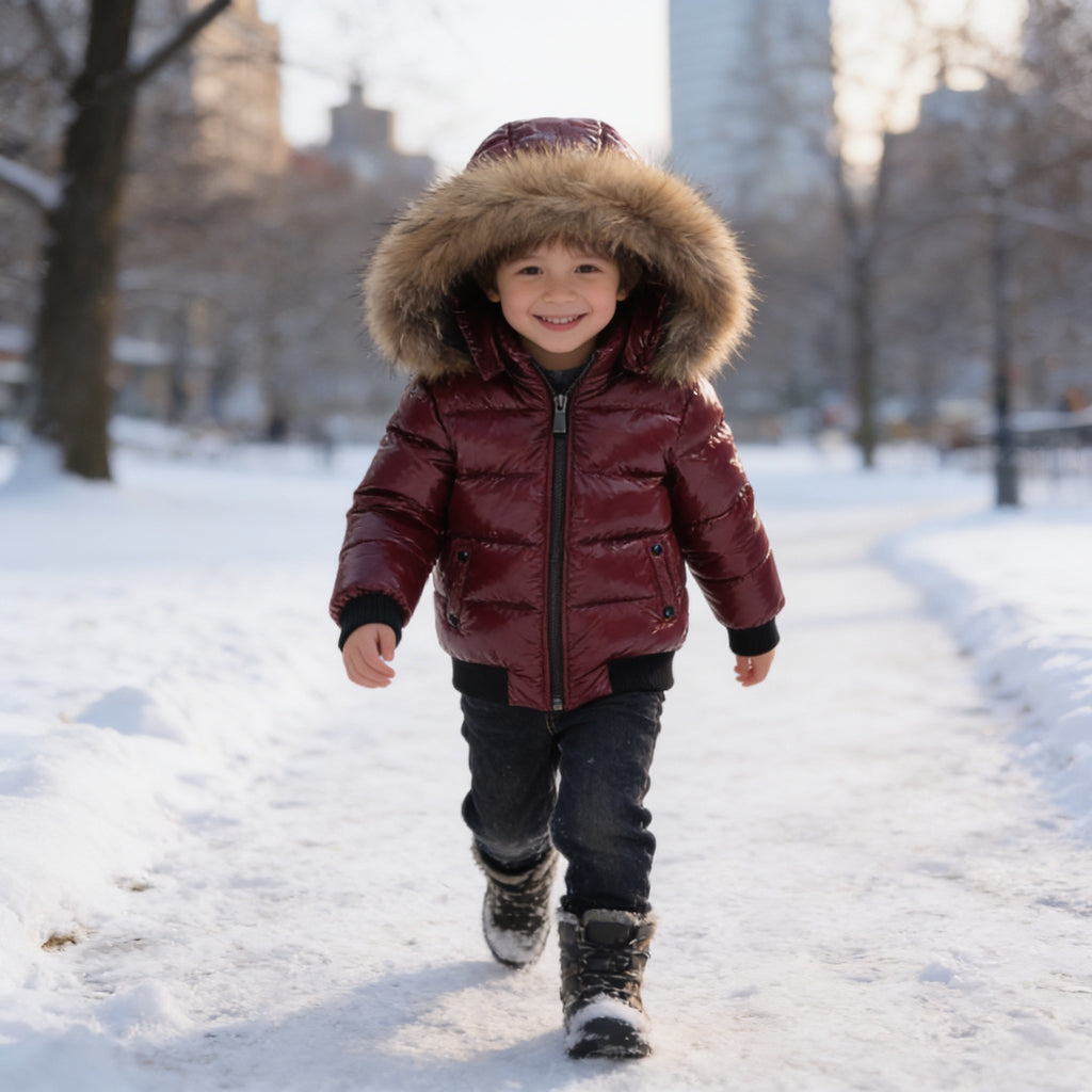 Lumiwee Puffin kids hooded puffer jacket: child in the wine red hooded puffer jacket walking in a snowy park