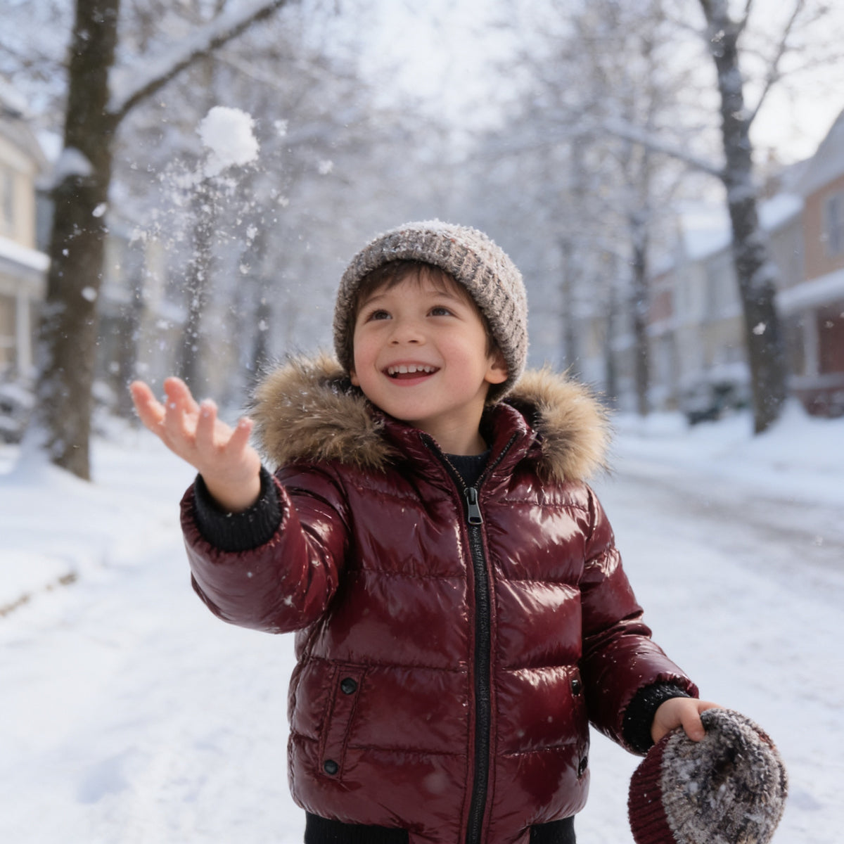 Lumiwee Puffin kids hooded puffer jacket: child in the puffer jacket catching snowflakes
