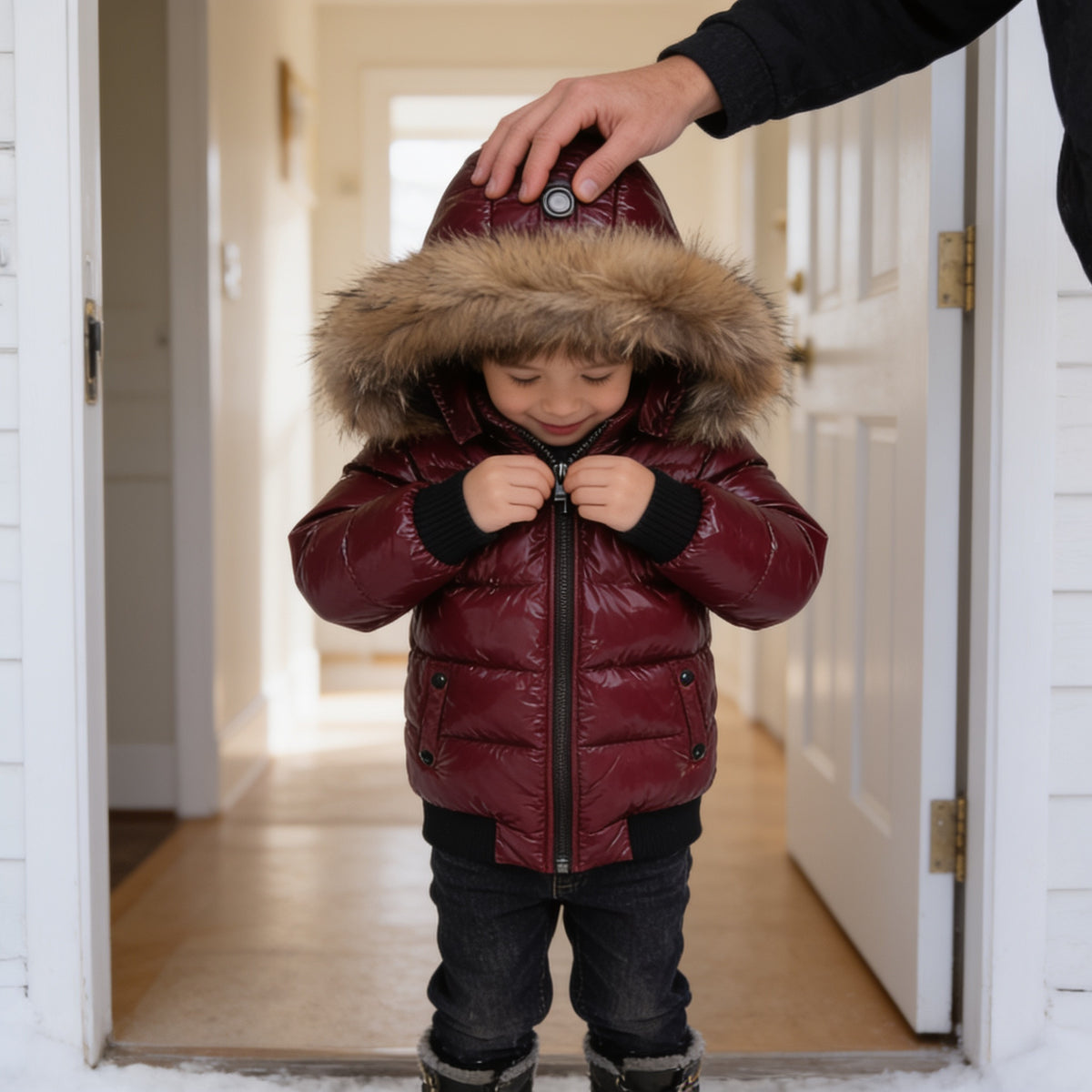 Lumiwee Puffin kids hooded puffer jacket: child zipping up the puffer jacket by the door