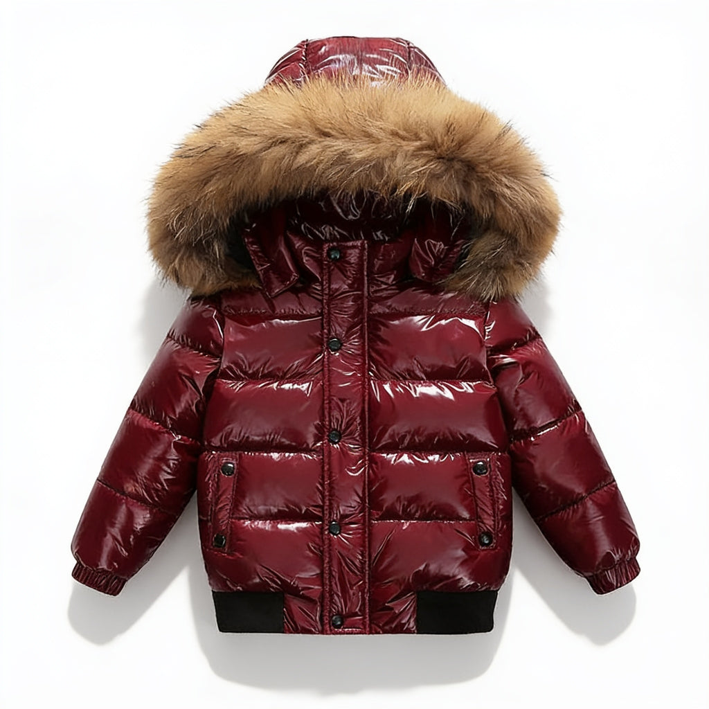Lumiwee Puffin kids hooded puffer jacket: wine red kids puffer jacket on a white background
