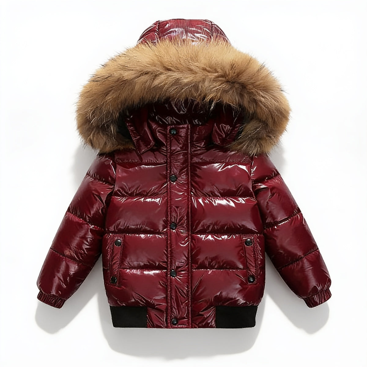 Lumiwee Puffin kids hooded puffer jacket: wine red kids puffer jacket on a white background