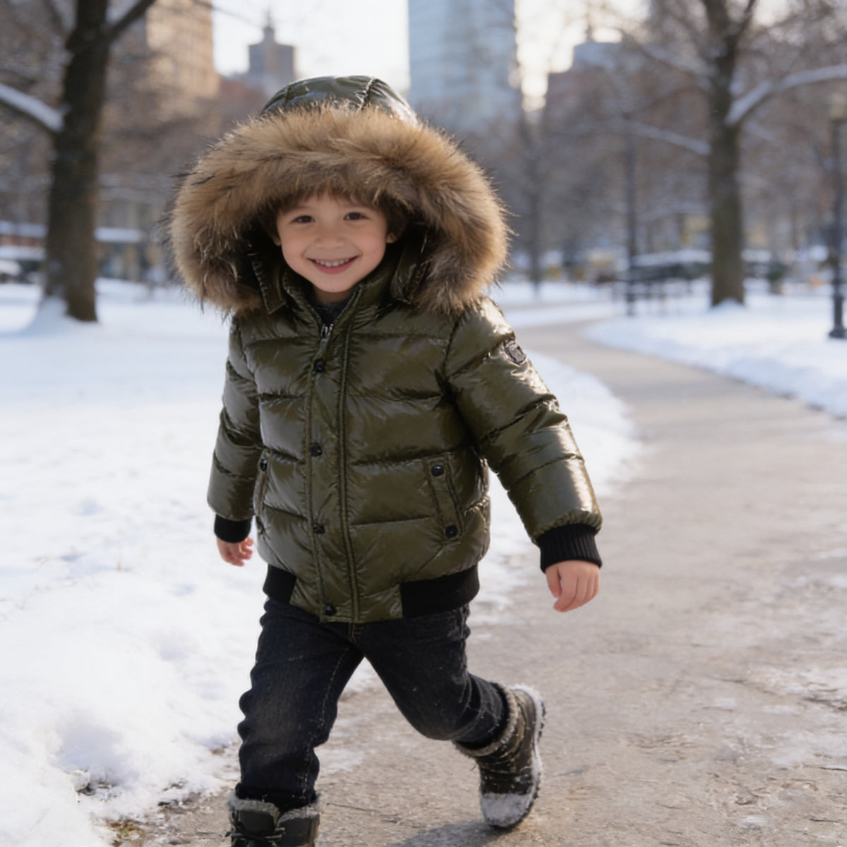 Lumiwee Puffin kids hooded puffer jacket, Army Green option, in a bright room