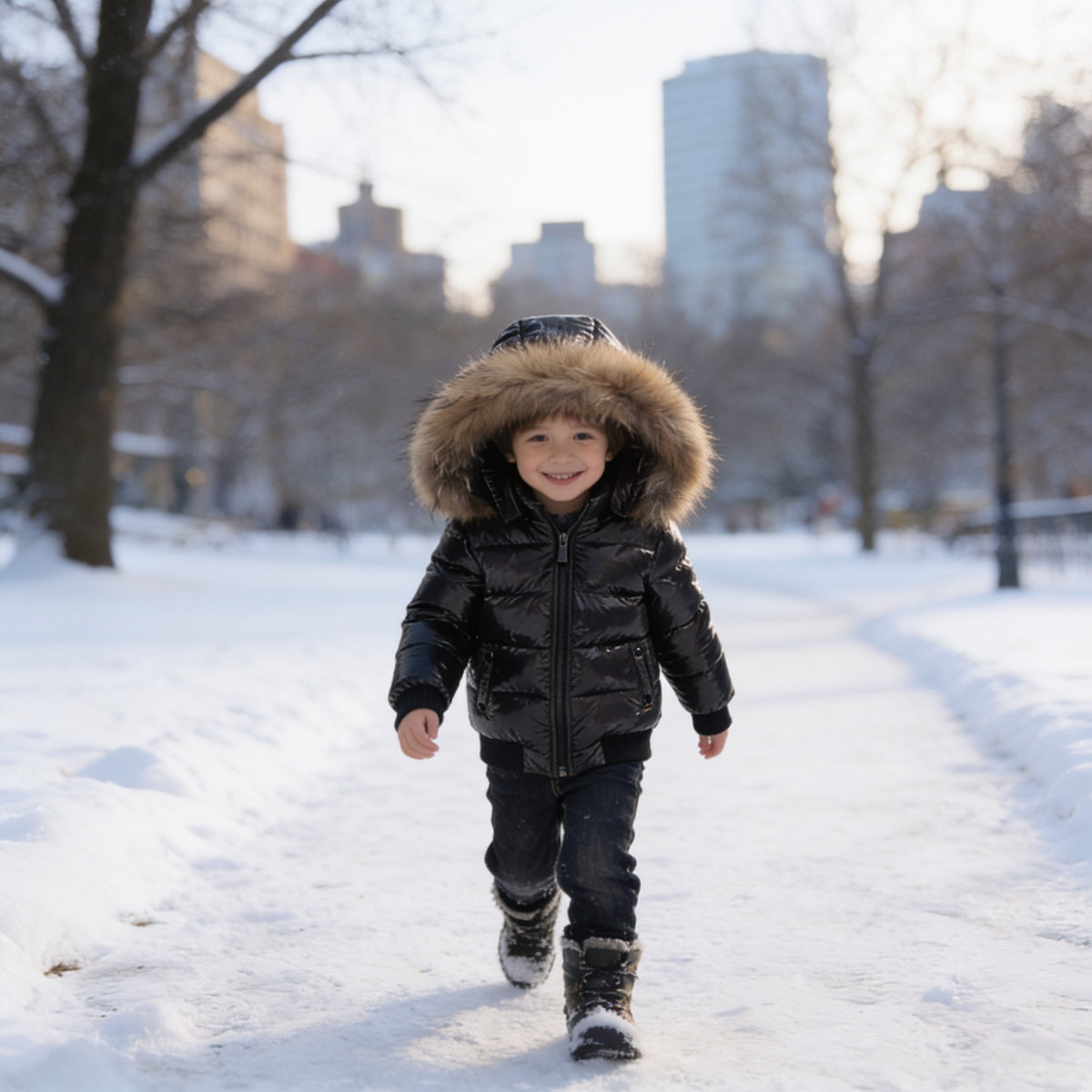 Lumiwee Puffin kids hooded puffer jacket, Black option, in a bright room