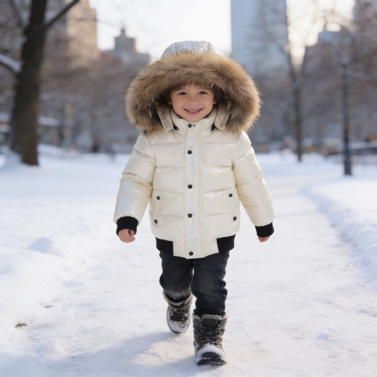 Lumiwee Puffin kids hooded puffer jacket, White option, in a bright room