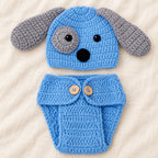 Close-up of the puppy hat's crochet stitches, floppy ear and eye patch