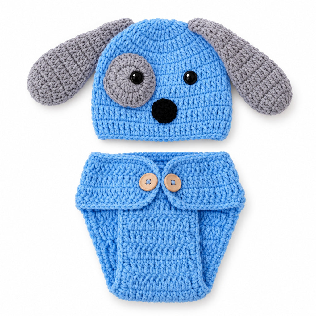 Blue and gray puppy crochet hat and diaper cover alone on white