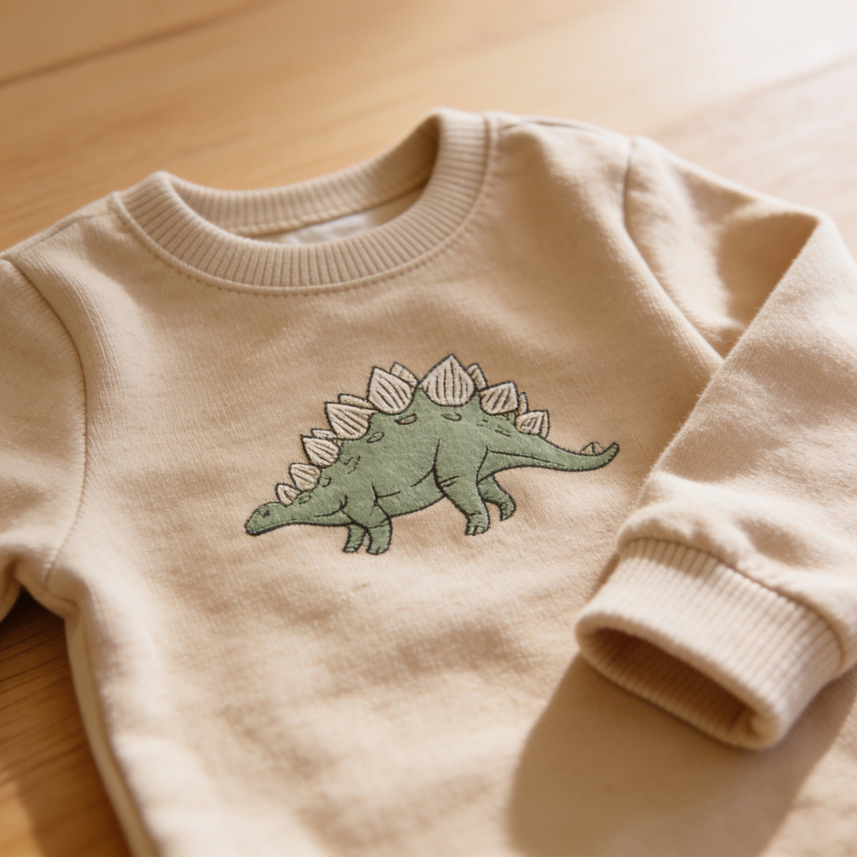 Lumiwee Rex dinosaur baby bodysuit: close-up of the stegosaurus and ribbed cuff