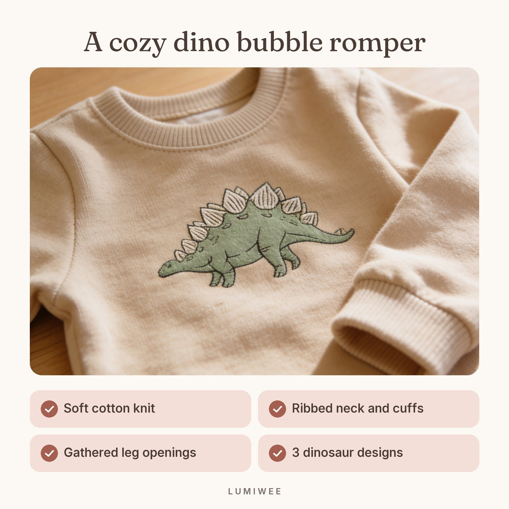 Lumiwee infographic: Rex - A cozy dino bubble romper