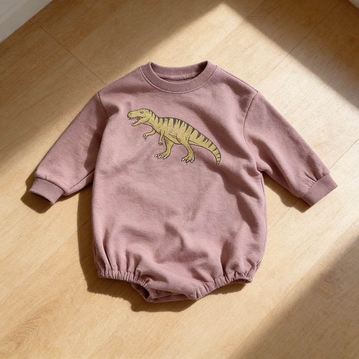 Lumiwee Rex dinosaur baby bodysuit, Tyrannosaurus option, in a bright room