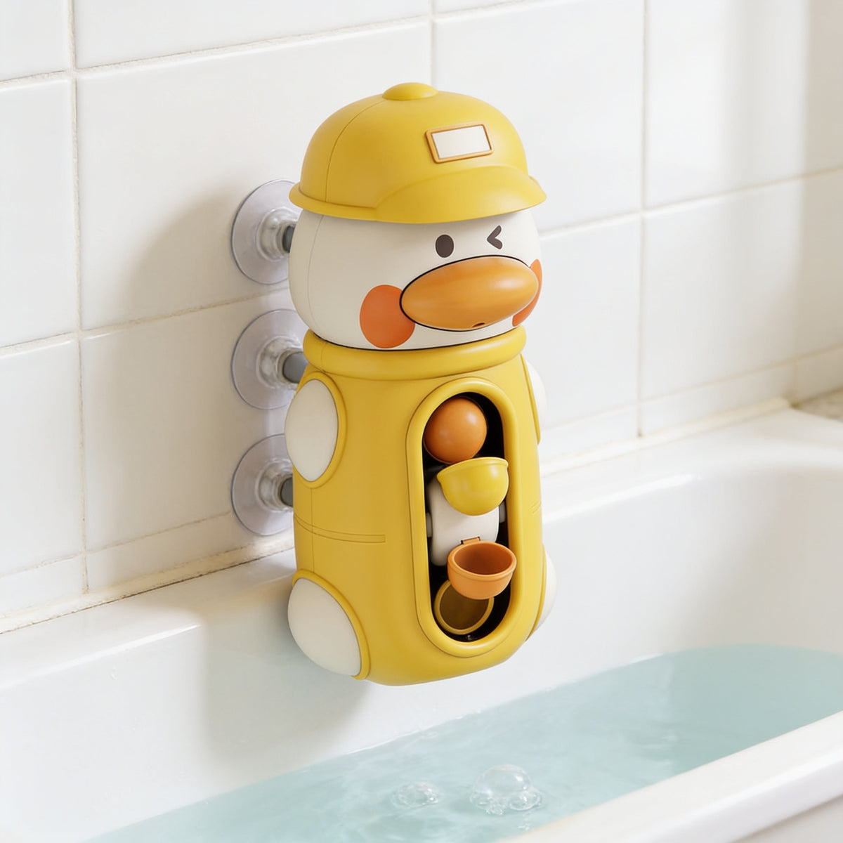 Lumiwee Ripple toddler bath toys: yellow duck water wheel bath toy on bath tiles