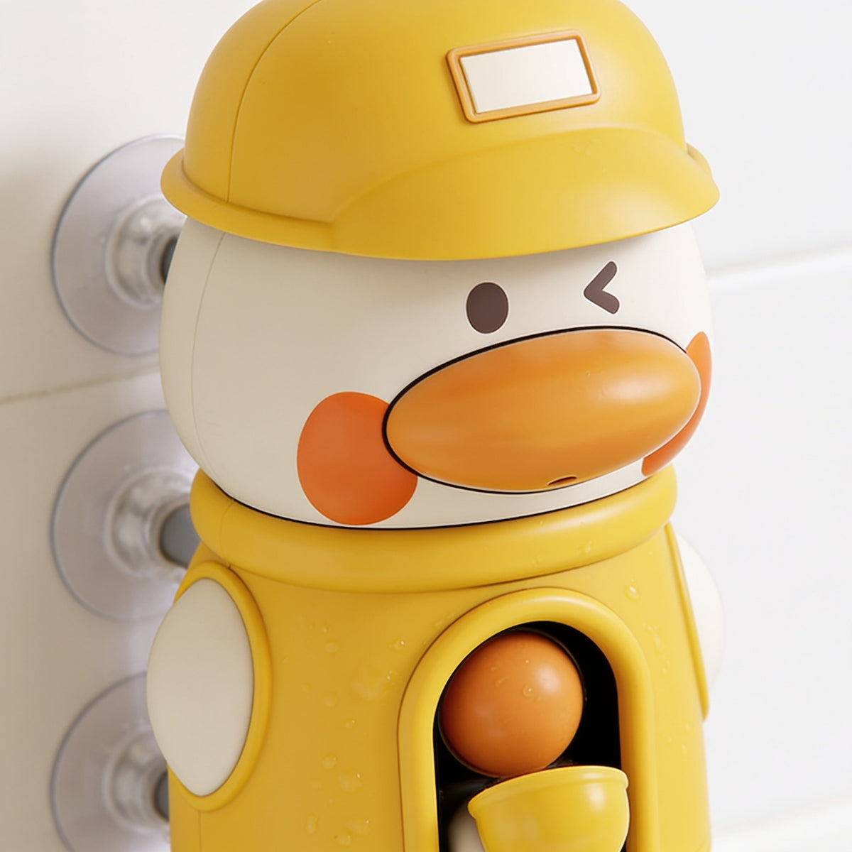 Lumiwee Ripple toddler bath toys: close-up of the duck water wheel window and cups