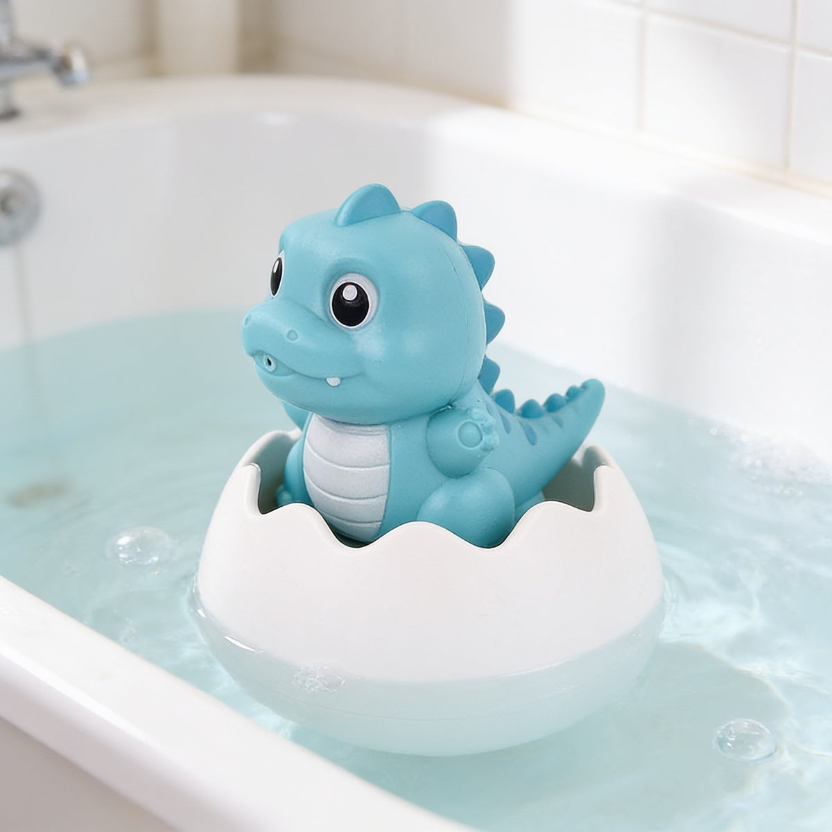 Lumiwee Ripple toddler bath toys, Blue Dinosaur Egg option, in a bright room