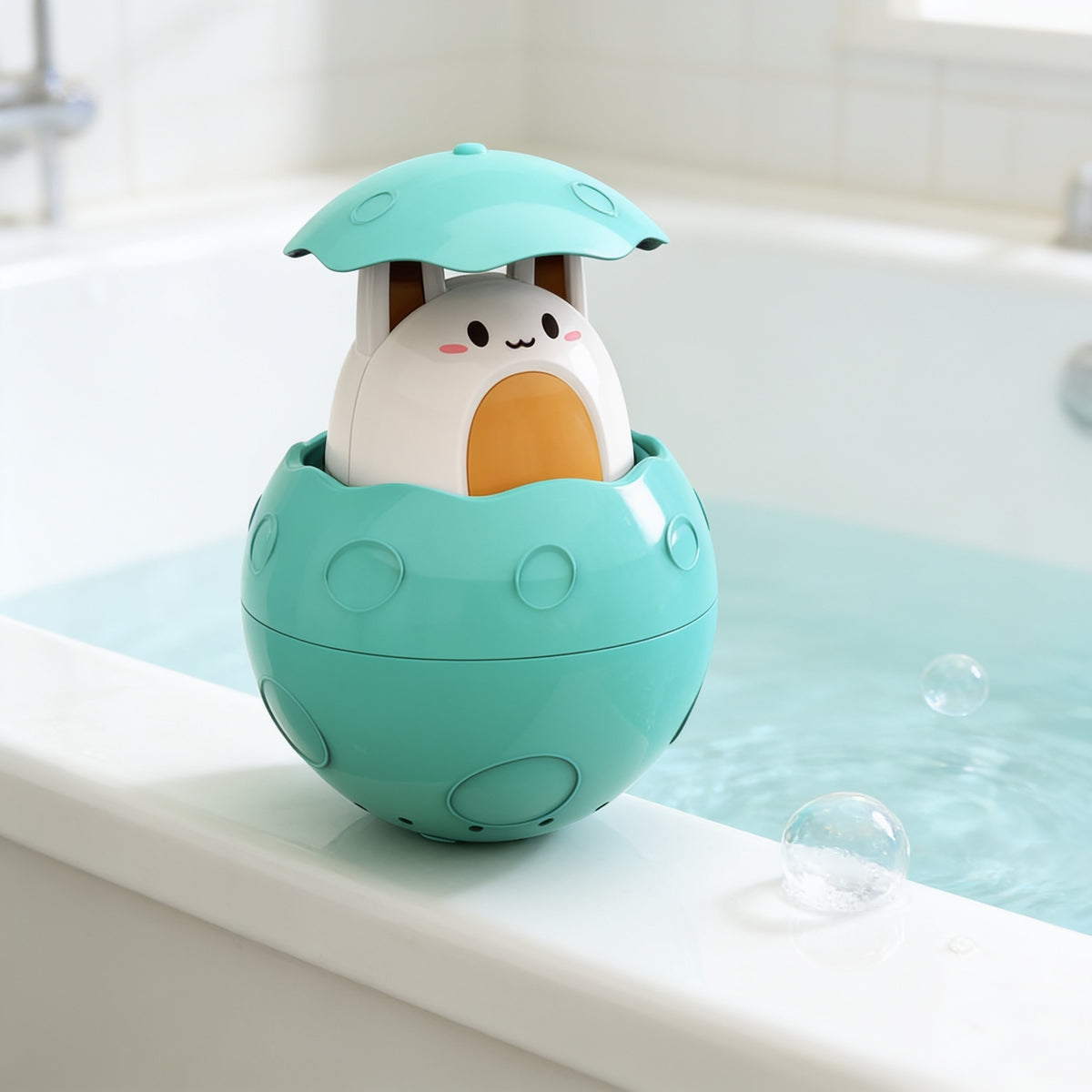 Lumiwee Ripple toddler bath toys, Green Bunny Spinner option, in a bright room
