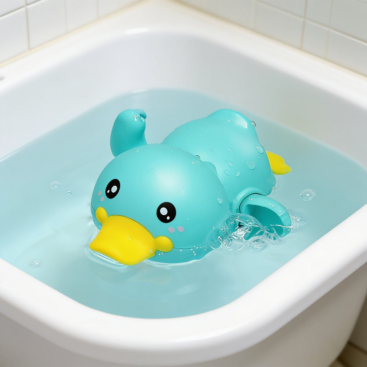 Lumiwee Ripple toddler bath toys, Green Duck Swimmer option, in a bright room