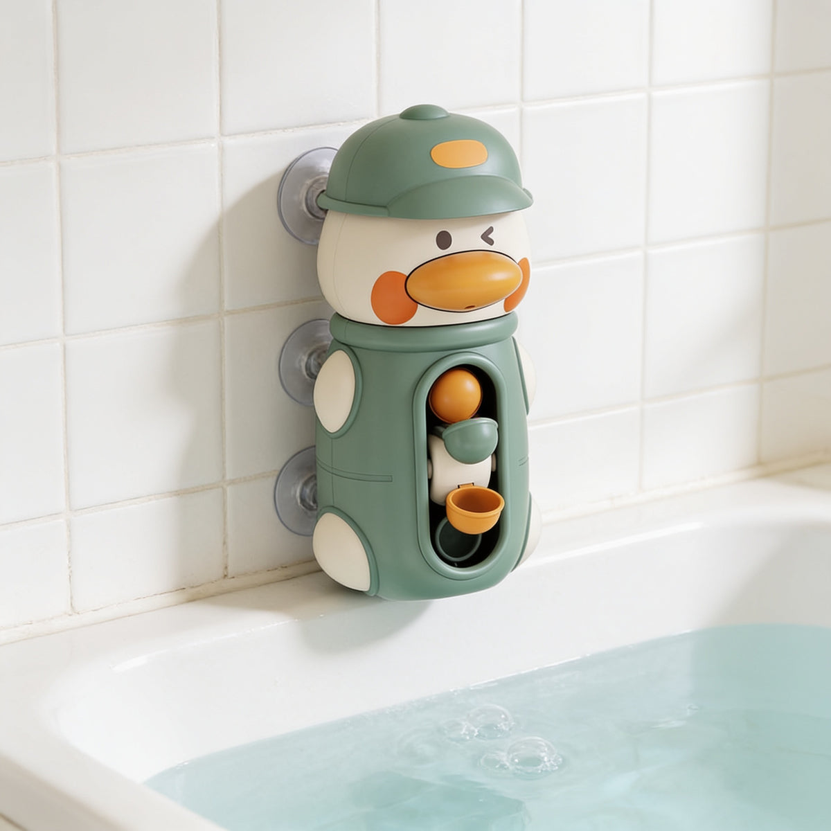 Lumiwee Ripple toddler bath toys, Green Duck Water Wheel option, in a bright room