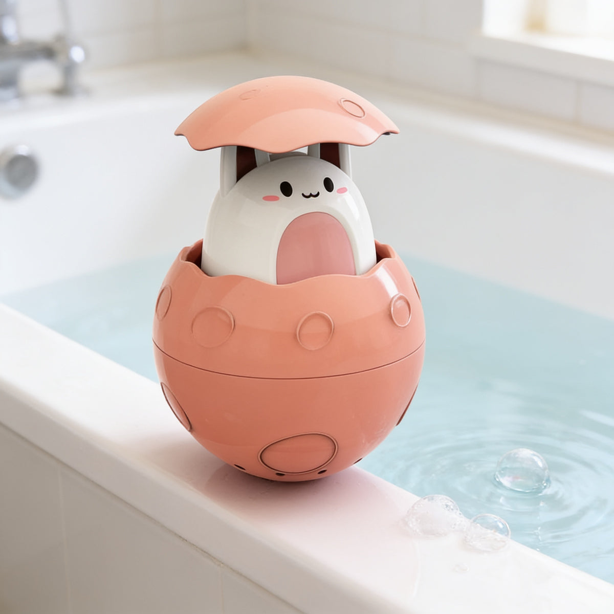 Lumiwee Ripple toddler bath toys, Orange Bunny Spinner option, in a bright room