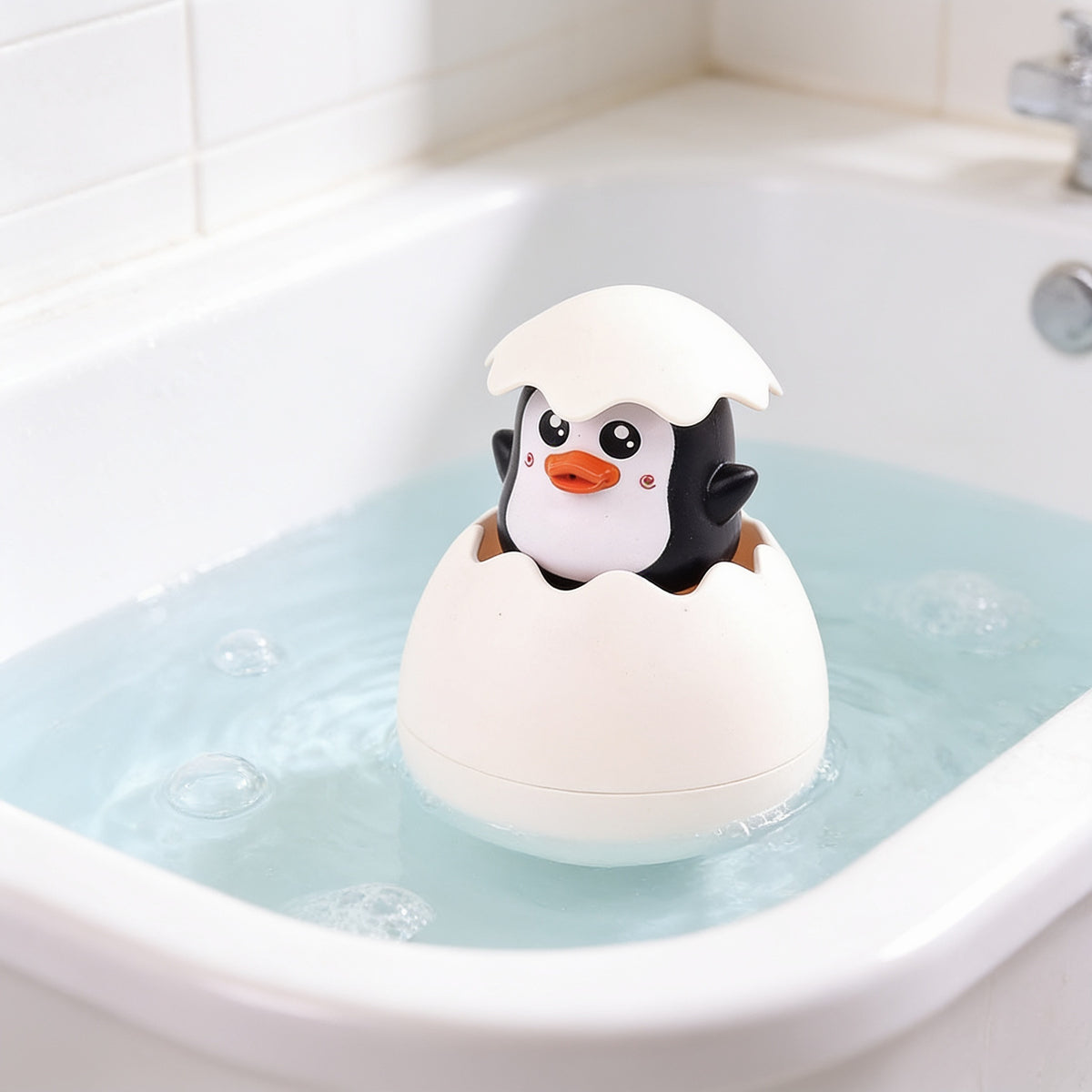 Lumiwee Ripple toddler bath toys, Penguin Egg option, in a bright room