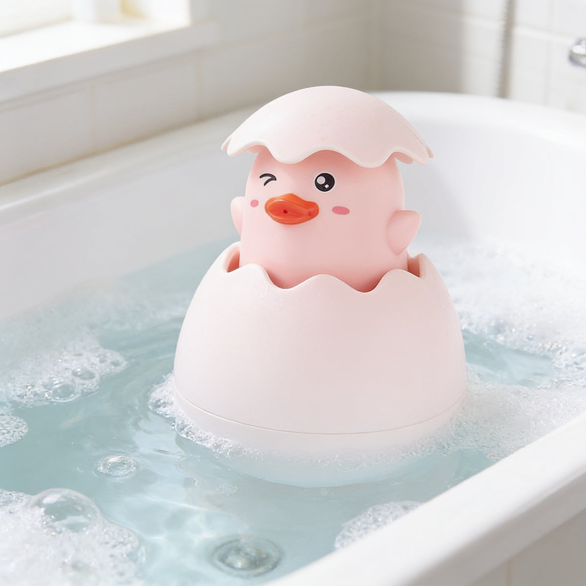 Lumiwee Ripple toddler bath toys, Pink Duck Egg option, in a bright room