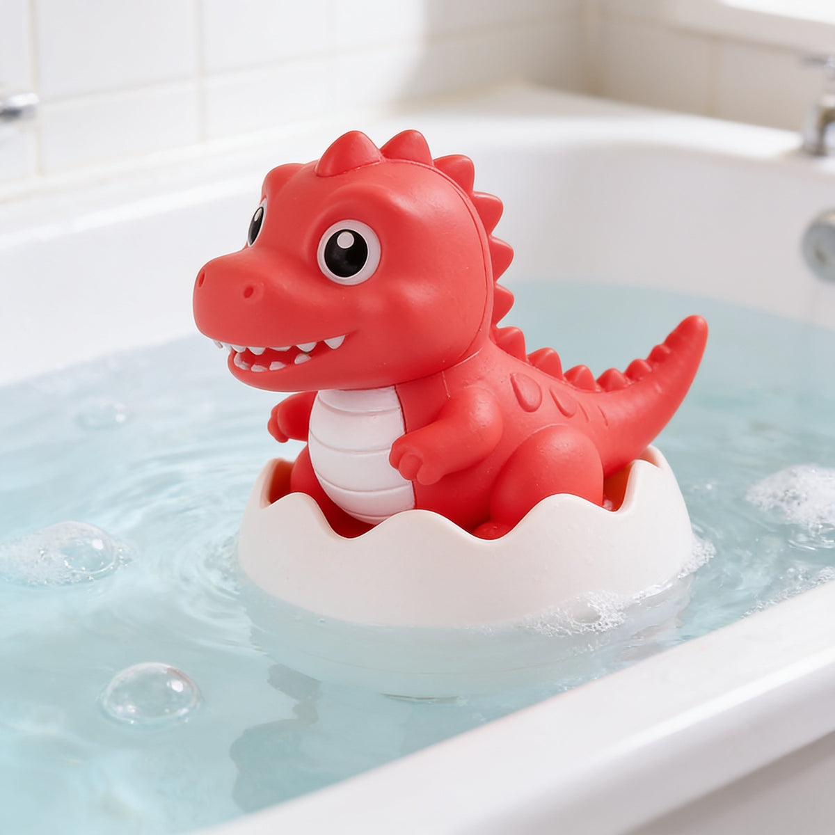 Lumiwee Ripple toddler bath toys, Red Dinosaur Egg option, in a bright room