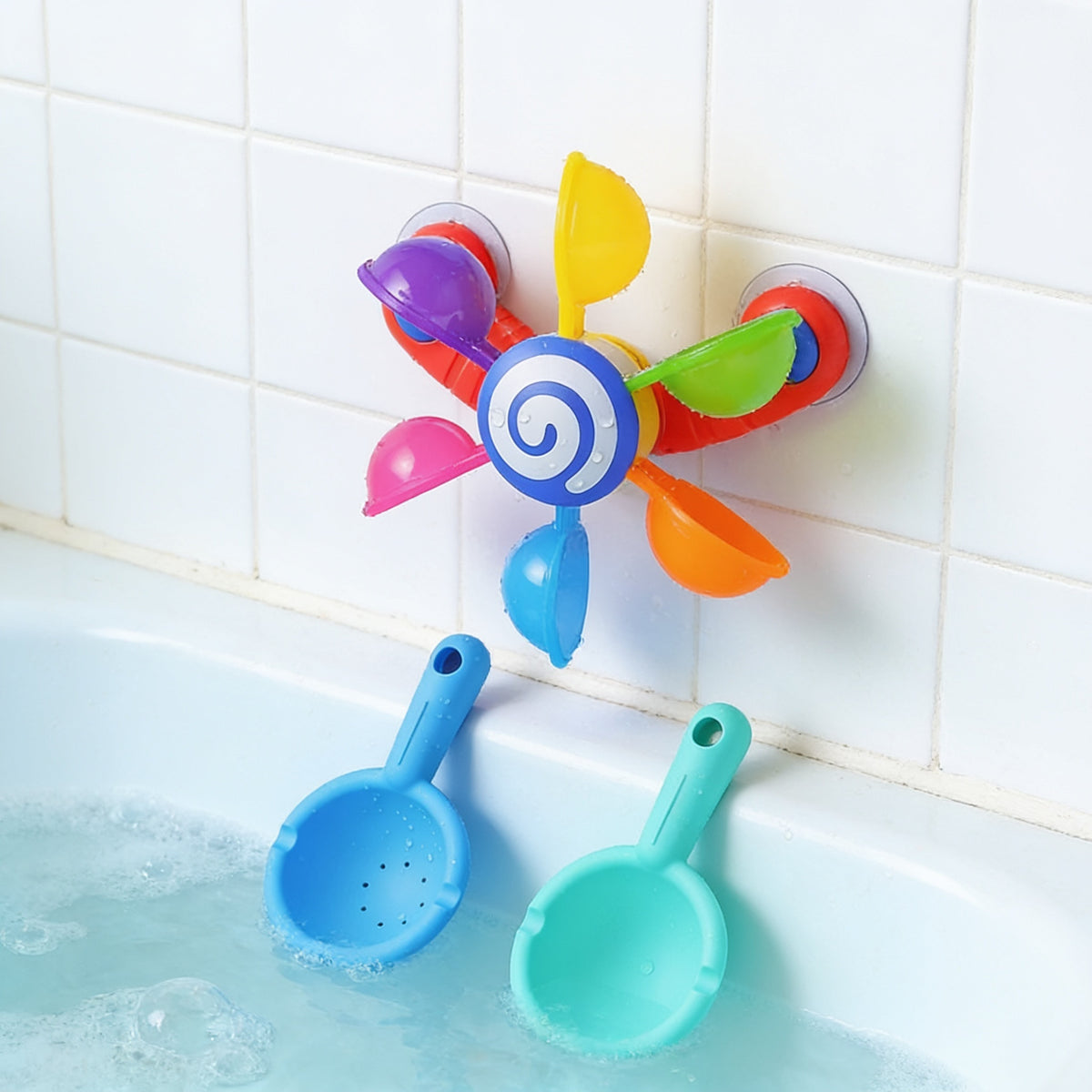 Lumiwee Ripple toddler bath toys, Scoops & Windmill Set option, in a bright room
