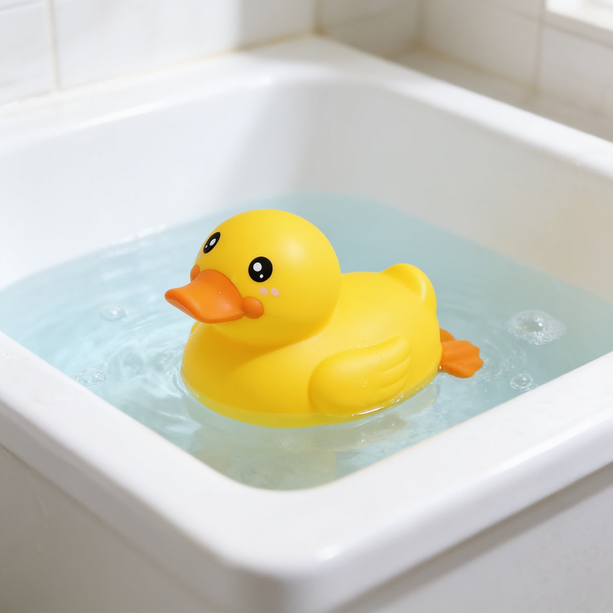 Lumiwee Ripple toddler bath toys, Yellow Duck Swimmer option, in a bright room