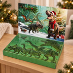 Roar dinosaur advent calendar open on a festive oak console
