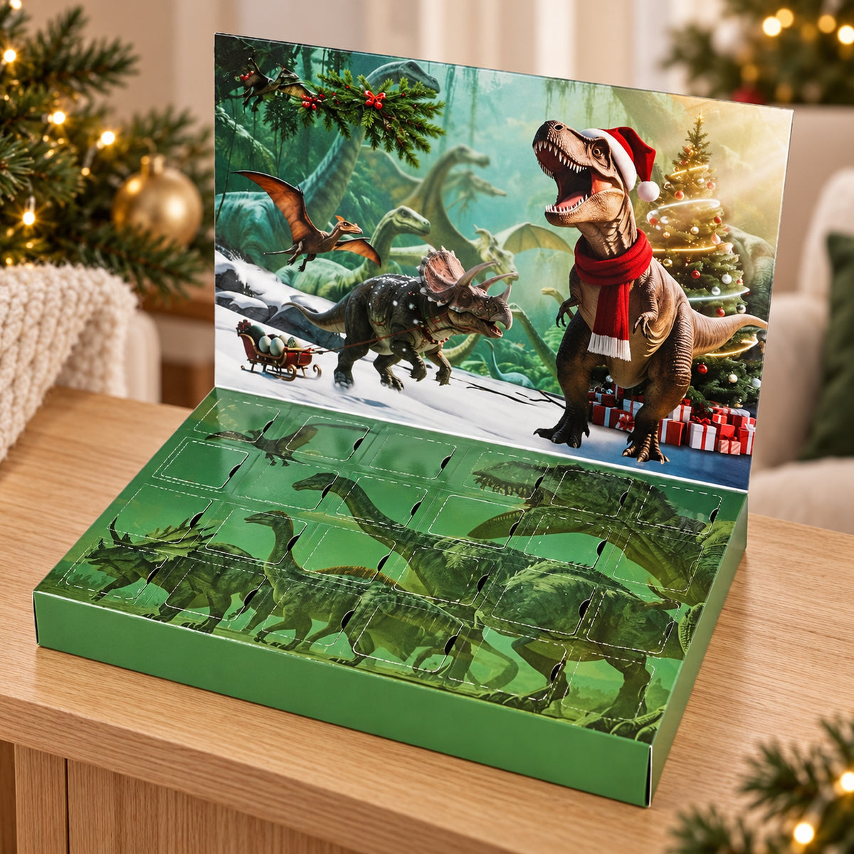 Roar dinosaur advent calendar open on a festive oak console