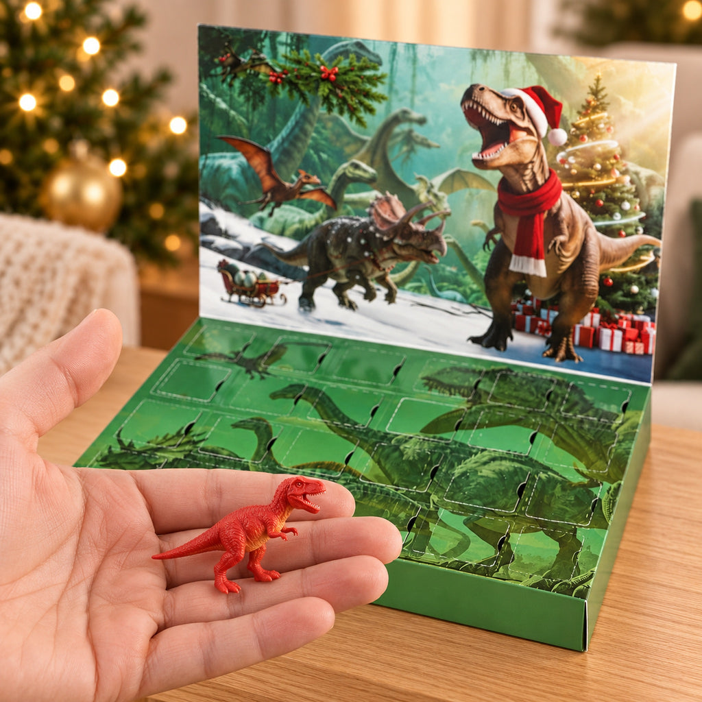 Small red dinosaur figure resting on an adult palm