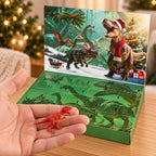 Small red dinosaur figure resting on an adult palm