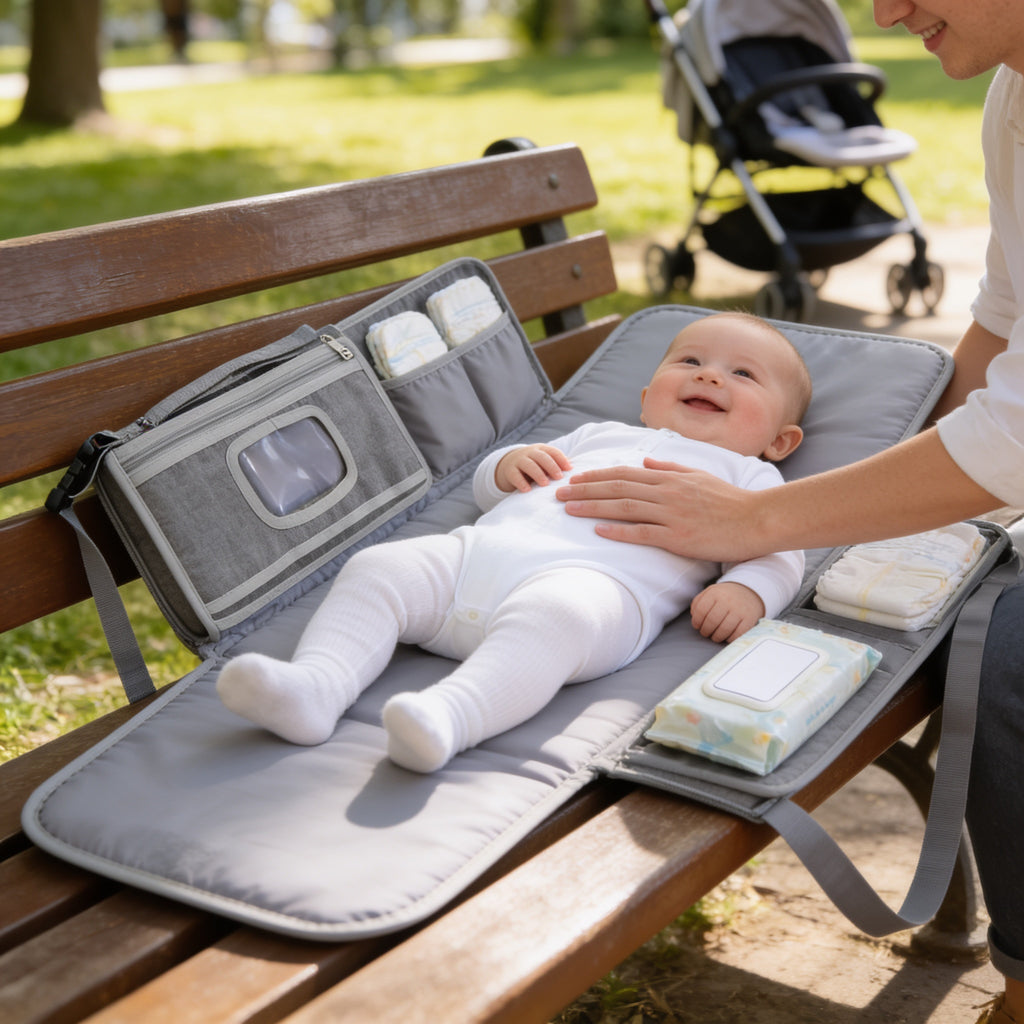 Lumiwee Robin portable changing pad: baby on the changing pad on a park bench