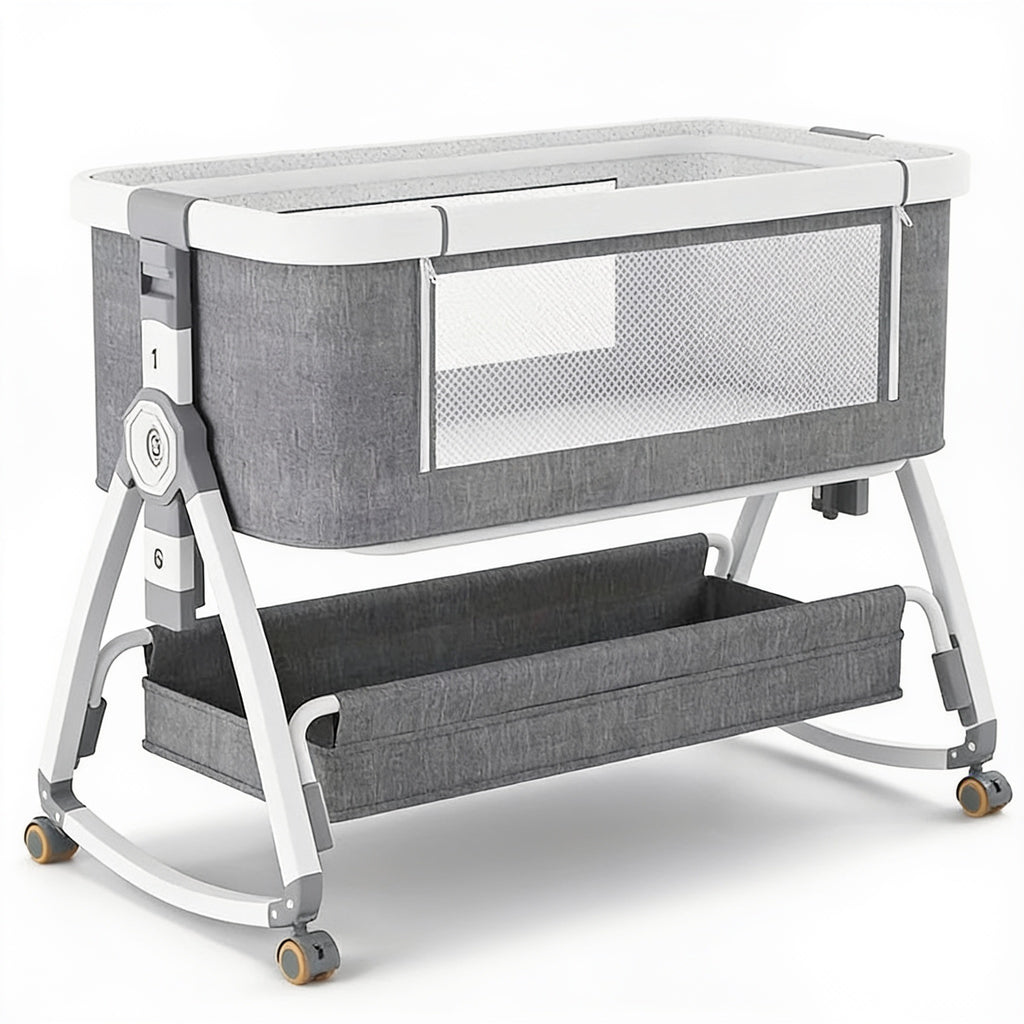 Lumiwee Rowan bedside baby crib: grey bedside baby crib on a white background
