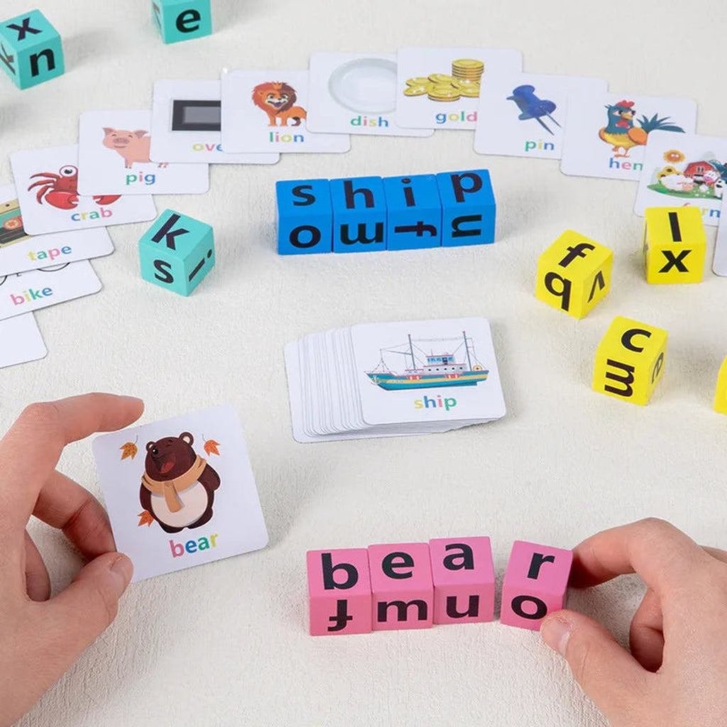 Lumiwee Scribble spelling game with picture cards and letter blocks in use