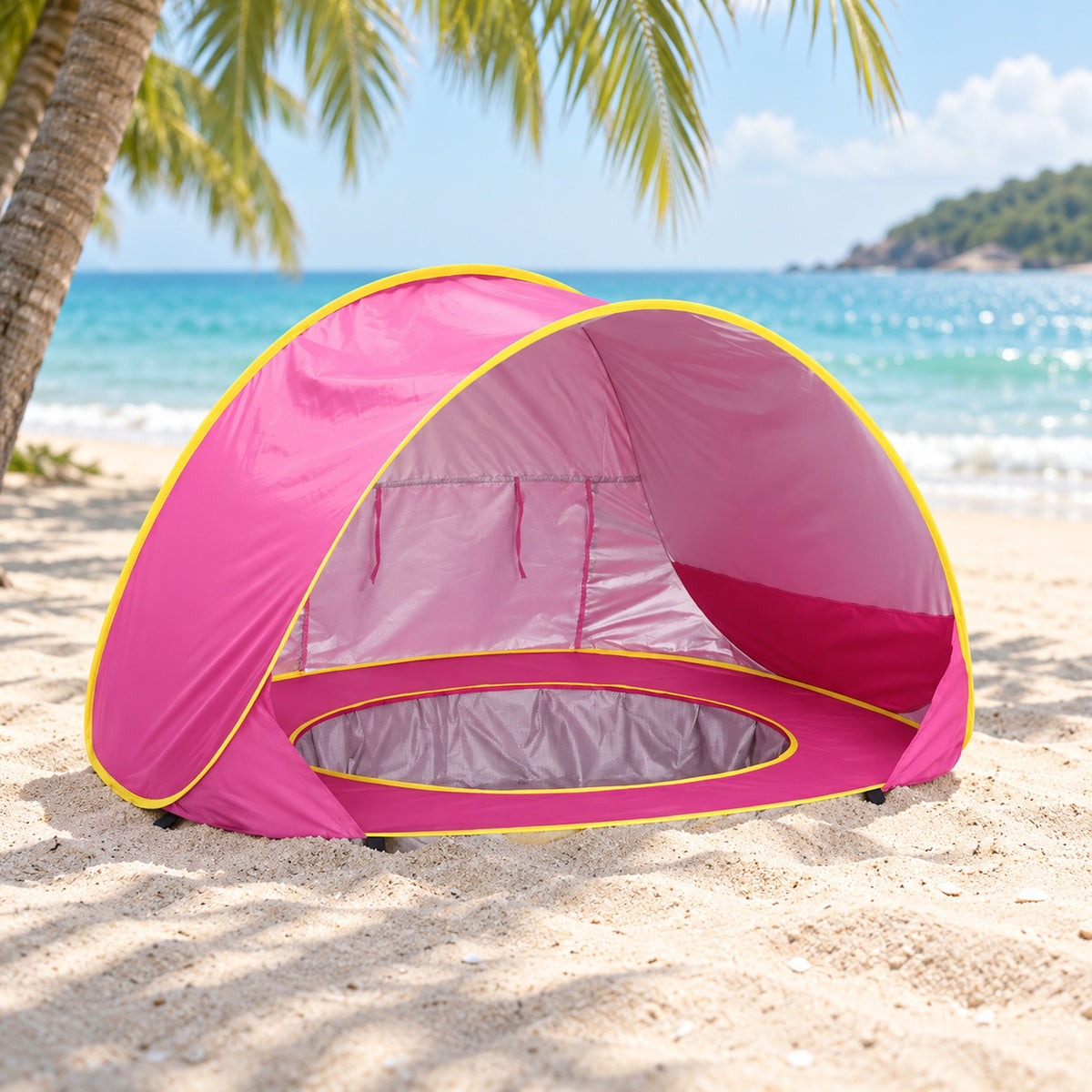 Lumiwee Shore rose-red beach tent empty on sand under palm shade
