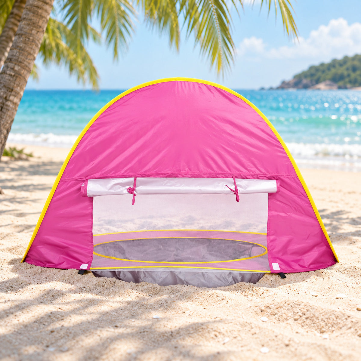 Lumiwee Shore beach tent rear mesh window and rolled flap